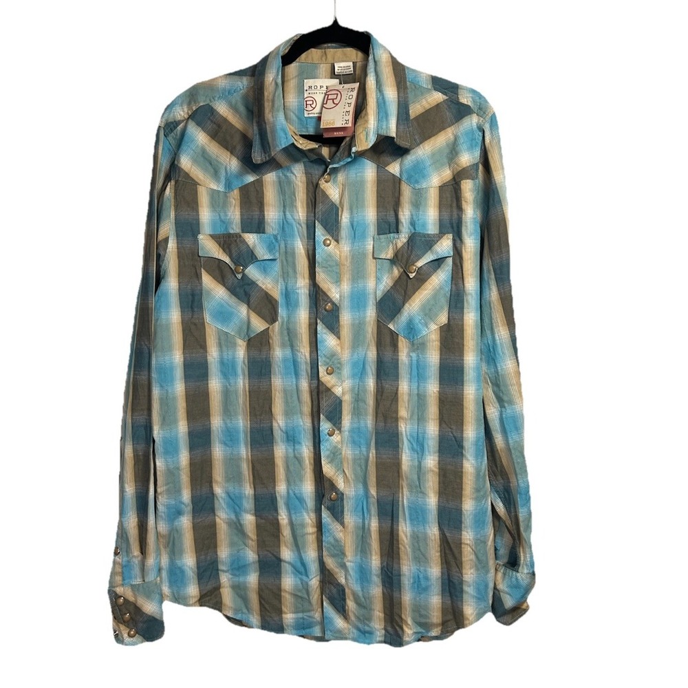 New Roper Pearl Snap Shirt Men's Large Blue Gingham‎ Check Western Flap Pocket
